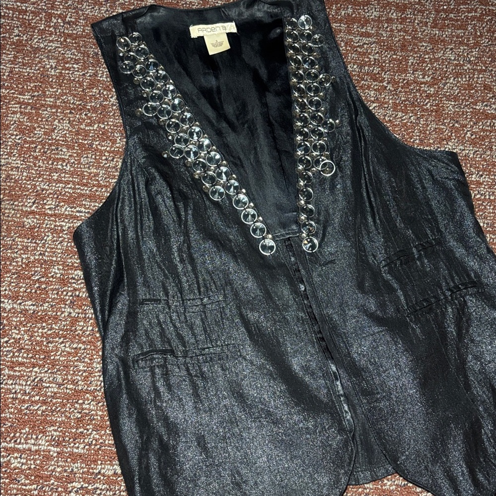 Black satin embelished vest open front y2k going out mixed metallic dressy small